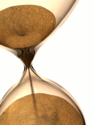 Close view of sand flowing through an hourglass. 3D render with HDRI lighting and raytraced textures.